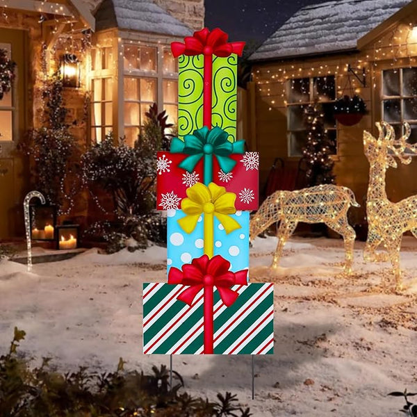 Afirst Christmas Yard Stakes Gift Box Christmas Yard Decorations Detachable 4 Stacked Gifts Box Metal Garden Stakes Outdoor Xmas Stake Lawn Pathway Outdoor Decoration