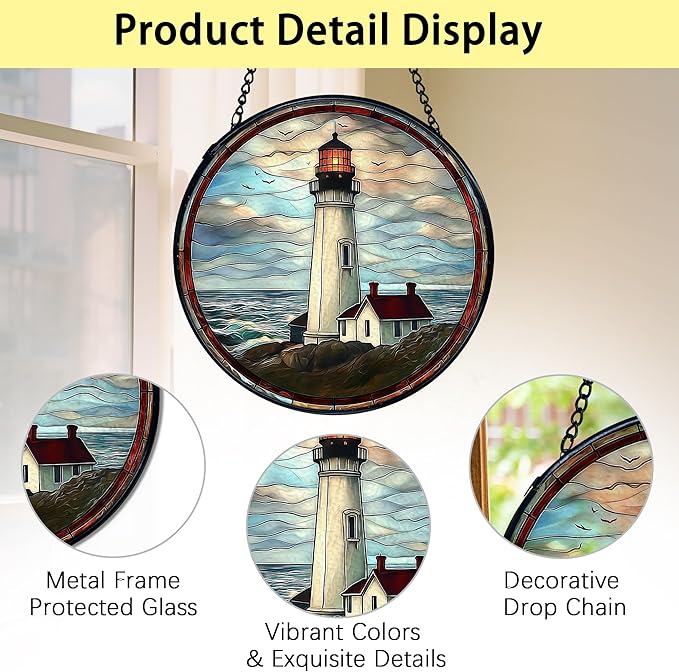TNUW Lighthouse Stained Glass Window Hanging, Coastal Ocean Lighthouse Sun Catchers Indoor Window Glass Round Wall Art Decor, Nautical Beach Light House Wall Hanging Decorations, 7.9"x7.9"