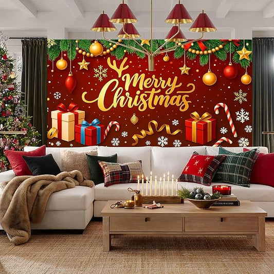HOMETITUTE Christmas Garage Door Cover 13x6ft Merry Christmas Gold Letters Red Bow Green Pine Seasonal Banner Outdoor Indoor Holiday Decoration Winter Party Backdrop Gift Boxes Candy Cane Wall