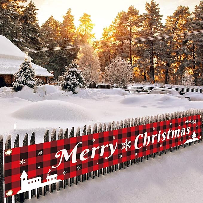 Probsin Large Merry Christmas Banner 120" x 20" Double Printed Xmas Decoration Red Buffalo Plaid Hanging Huge Sign Holiday Party Supplies Home Decor for Outdoor,Indoor,Yard,Garden,Porch,Lawn