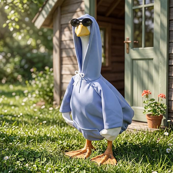 Blue Hoodie Goose Outfit Hooded Sweatshirt Porch Goose Clothes Dress with Wide Hat Sunglass Blue Sweatshirt Geese Costume for 17-23 Inch Geese Statue Luau Outdoor Patio Lawn Yard Garden Decor