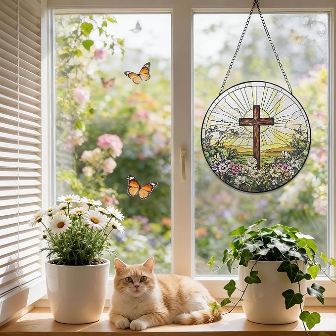 Stained Glass Window Hanging, 8 Inch Cross Wildflowers Suncatcher, Christian Sun Catchers Indoor Window, Floral Cross Religious Home Garden Decor Glass Panel, Easter Faith Christian Gifts for Women