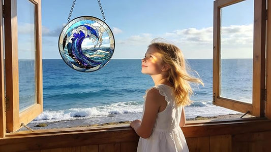 Stained Glass Window Hanging - Huge Waves and Turbulent Seas 6.3 Inches Suncatcher for Garden Home Decor for Women Mon Grandma Friends