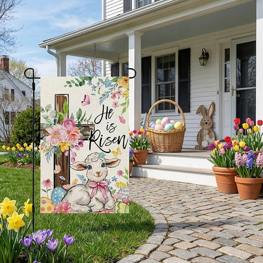 CROWNED BEAUTY Easter Garden Flag He is Risen Cross 12x18 Inch Double Sided Floral Holiday Decoration for Outdoor Lawn Yard