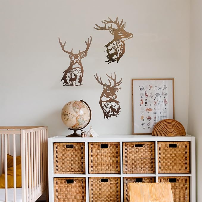 J-Fly Deer Metal Wall Art 9 Inch Deer Silhouette Wall Decor Rustic Forest Hunting Sign Woodland Valentine Decor for Fence Patio Porch Farmhouse Indoor for Living Room Bedroom Bathroom 3 Piece Set