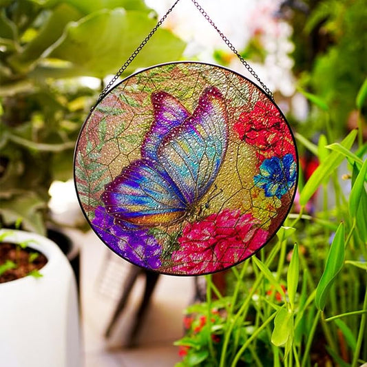 RIVEENY Stained Glass Butterfly Window Hanging, 10" Sun Catcher Gift for Women, Glass Ornament Window Decor for Garden Butterfly Lovers