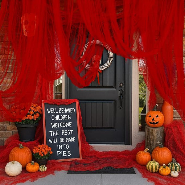 RunNico 400'' x 85'' Halloween Blood Red Scary Gauze, Bloody Haunted House Creepy Cloth, Spooky Fabric Hanging Decoration for Horror Themed Nightmare Party Wall Yard Doorway Porch Decor
