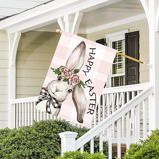 Happy Easter Bunny House Flag 28x40 Inch Double Sided, Easter Rabbit Large Garden Flags for Outside Decor, Spring Summer Holiday Yard Flag Outdoor Seasonal Decorations for Home