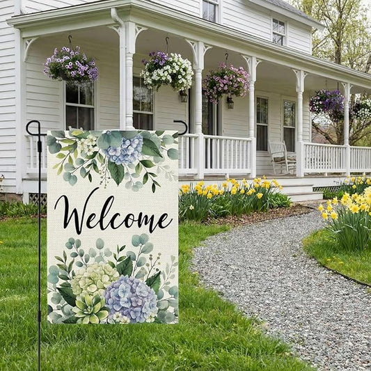 CROWNED BEAUTY Spring Garden Flag Hydrangea Eucalyptus 12x18 Inch Double Sided Small Seasonal Holiday Floral Decoration for Outdoor Lawn Yard