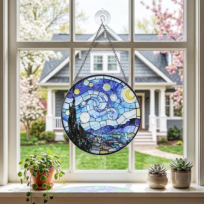 Hanging Stained Glass for Windows,20cm/7.87inch Van Gogh Starry Night Stained Glass Suncatcher with Chain Garden Diamond Glass Panel Hangings Decoration for Home Decor Gifts for Family Friends