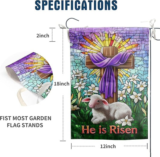 Christian Easter Garden Flag He is Risen Yard Flag Religious Easter Lamb Decor Stained Glass Cross Flag for Outside 12x18 Double Sided Lily Spring Outdoor Flag Small
