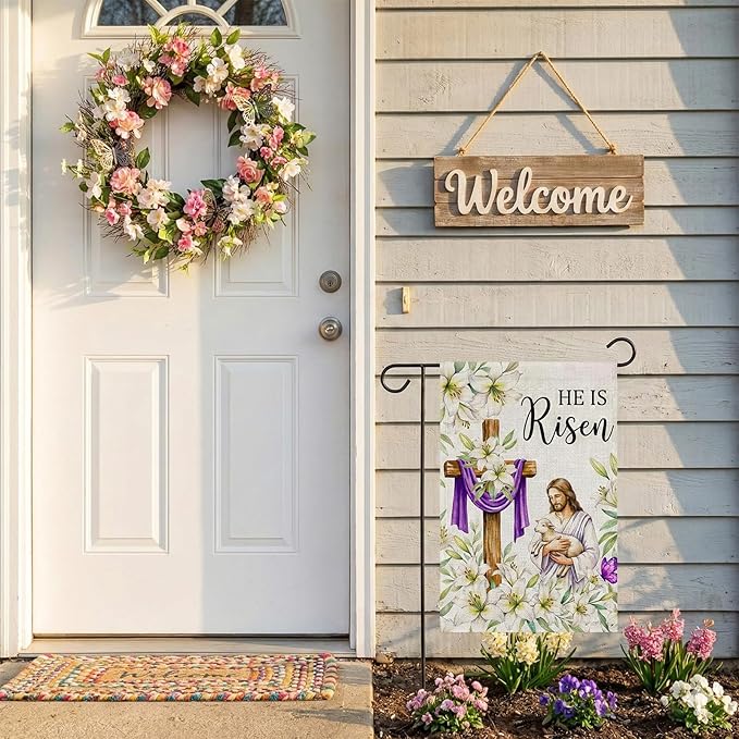 He Is Risen Easter Garden Flag 12x18 Inch Double Sided Outside flag, Jesus, Lamb, Cross, Bouquet of Lilies Yard Outdoor Easter Holiday Decoration