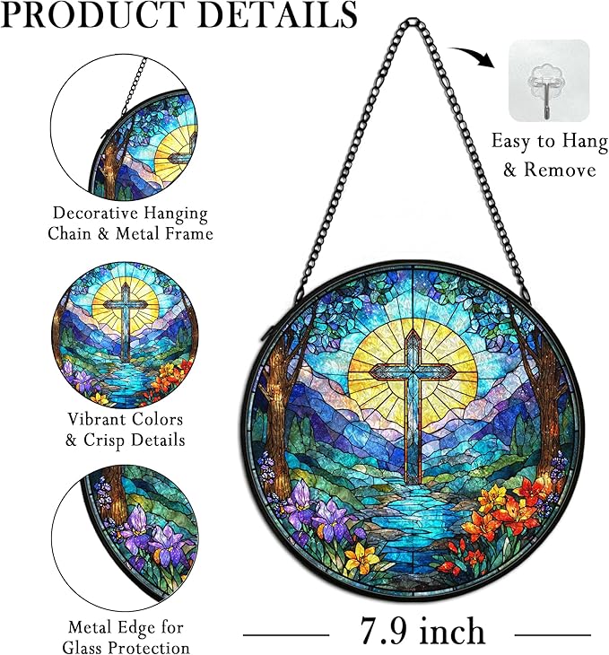 Christian Cross Suncatcher Stained Glass Window Hanging Decor, Christian Sunshine Stained Glass Wall Decor Gifts, Religious Baptism Nature Lawn Garden Sun Catchers Hanging Wall Art, 7.9x7.9 in