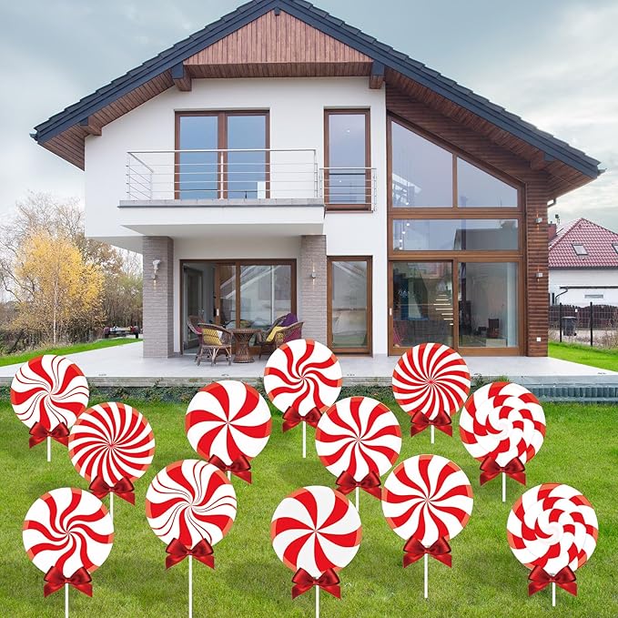 Glenmal 12 Pcs Christmas Outdoor Yard Signs Peppermint Corrugated Yard Decorations with Stakes and Bow Xmas Decorations Garden Sign Waterproof Cardboard Lawn Signs for Pathway Walkway (Peppermint)