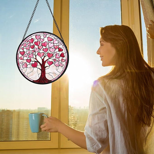 DASTOLL Stained Glass Window Hanging, Valentine's Day Gifts Pink Love Heart Tree Suncatcher Hangings Beige Sun Catchers Decor for Birthday for Women, Men, Wife, Aunt, Mom 6.3 in