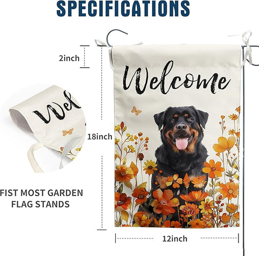 Rottweiler Fall Garden Flag Autumn Dog Yard Sign Orange Floral Thanksgiving Outdoor Banners for Outside 12x18 Double Sided Small Wild Flower Lawn Decorations
