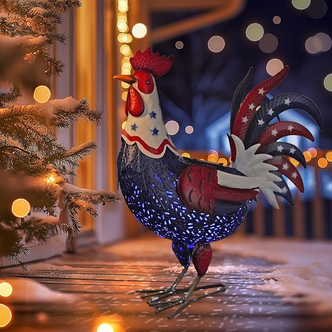LIFFY Metal Rooster Yard Decor,18" Solar Chicken Outdoor Garden Statues with Patriotic Flag Design,Farm Animal Figurines Decorative Ornament Outside for Patio Backyard Lawn,Gifts for Chicken Lover