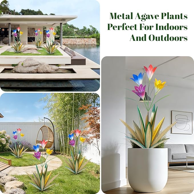 TOMBABY 32.28 Inch Metal Agave Plant Outdoor Decoration Lily Mexican Yard Art Garden Gift Home Decor Hand Painted Metal Agave Garden Yard Statue (2, Grass Green)