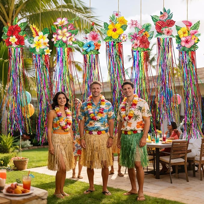 Affrolling 8 Pcs Hawaiian Luau Party Decoration Tropical Flower Hanging Decorations with Tassels for Hawaii Luau Tropical Floral Birthday Party Supplies 3.3 ft Outdoor Summer Door Banner Sign Decor