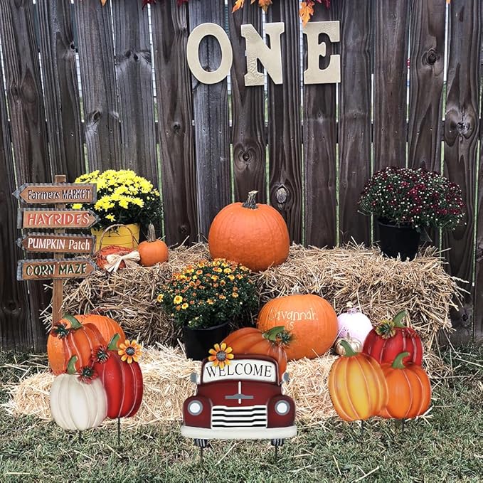 YEAHOME Fall Decorations Outdoor,Multiple Stacked Pumpkin Truck Decorative Garden Stakes for Fall Decor, Autumn Metal Yard Signs for Home Outside Garden Lawn Porch, Thanksgiving Decorations Outdoor