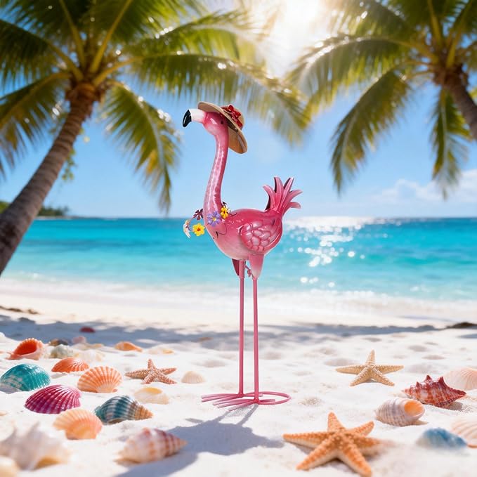 Natelf Flamingo Metal Garden Statue Outdoor Pink Hawaii Flamingo Yard Art Sculpture Decor with Flower Lei & Straw Hat, Waterproof Rust-Proof Lawn Decor for Patio, Poolside, Tropical Party