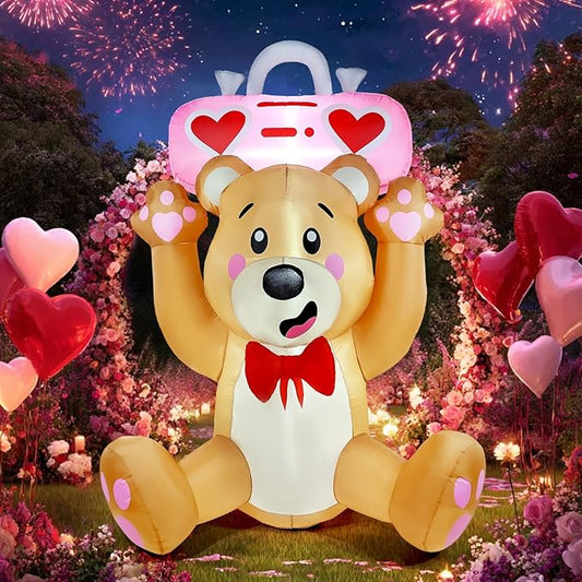Valentine’s Day Inflatables Outdoor Decorations, 6FT Inflatable Bear Holds a Boombox with LED Lights, Valentines Blow Up Yard Decoration for Valentine Holiday Lawn Garden Indoor Outdoor Decor