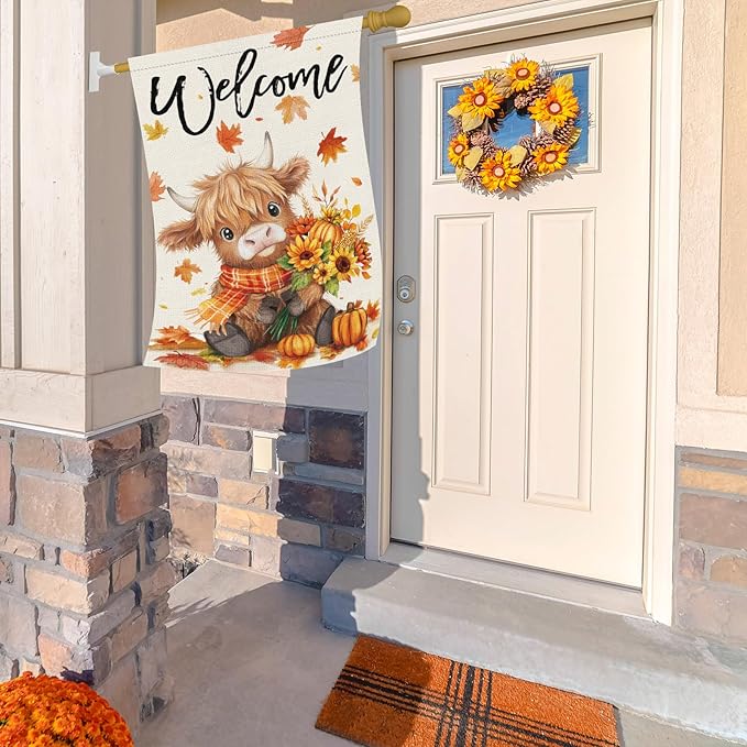 Heyfibro Welcome Fall Highland Cow Garden Flag 28x40 Double Sided Burlap, Autumn Pumpkin Sunflower Yard Flags for Thanksgiving Rustic Seasonal Outside Outdoor Decoration (ONLY FLAG)