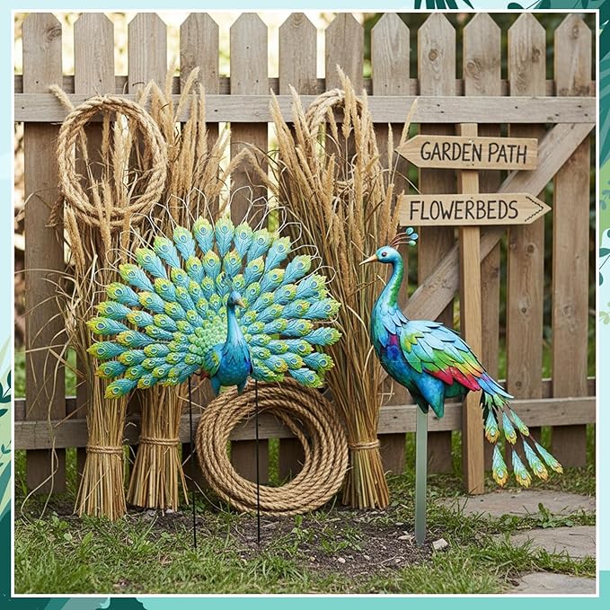 Frienda 2 Pack Peacock Statues for Garden Decor Yard Metal Sculpture Art Large Birds Animal Peacock for Outdoor Garden Patio Yard Backyard Home Decoration Housewarming Gift for Women Mom Grandma