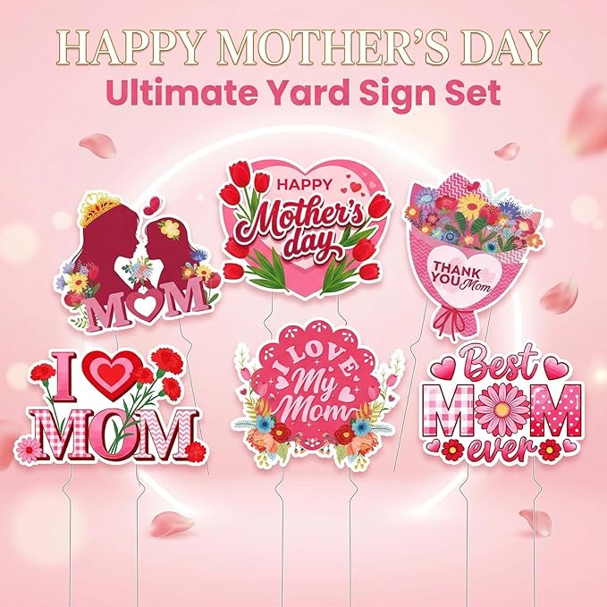 Rngmsi Mothers Day Plant Stakes Flower Pots Signs, 6PCS Happy Mother's Day Metal Garden Stakes Decorative Outdoor, Best Mom Ever Yard Decor for Home Lawn Party Supplies