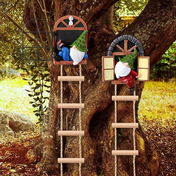 Thyle 4 Pieces Garden Gnomes Outdoor Tree Hugger Gnome Fairy Statue Elf Out the Door Resin Figurine Hanging Ladder Decoration Tree Faces Decor Outdoor for Patio Yard Lawn (Woodland Style)