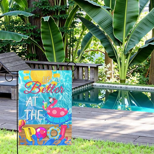 Pool Garden Flag Swimming Pool Spring Yard Flags Summer Welcome Decorative Flags Life is Better at the Pools House Banner for Outside Patio Porch Home Decoration 12x18 Double Sided