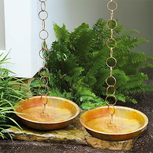 Ancient Graffiti Rain Chain Receptacles, Flamed Copper Color, Pack of 2 – Metal Rainwater Collection Basins for Rain Chains & Downspouts