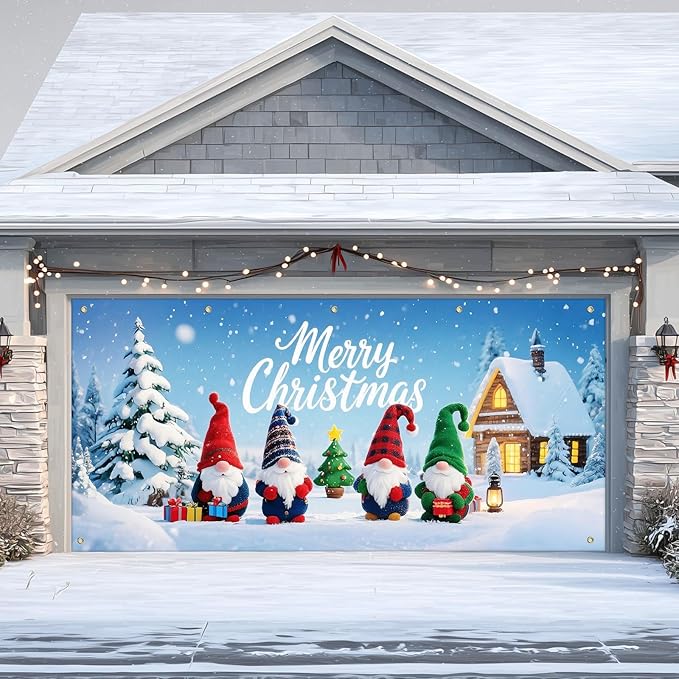 IVN Christmas Garage Door Cover Decoration 13x6ft Gnomes with Snowy Cottage and Pine Trees Merry Christmas Garage Door Banner Home Door Front Yard Decor for Xmas Eve Holiday Outdoor
