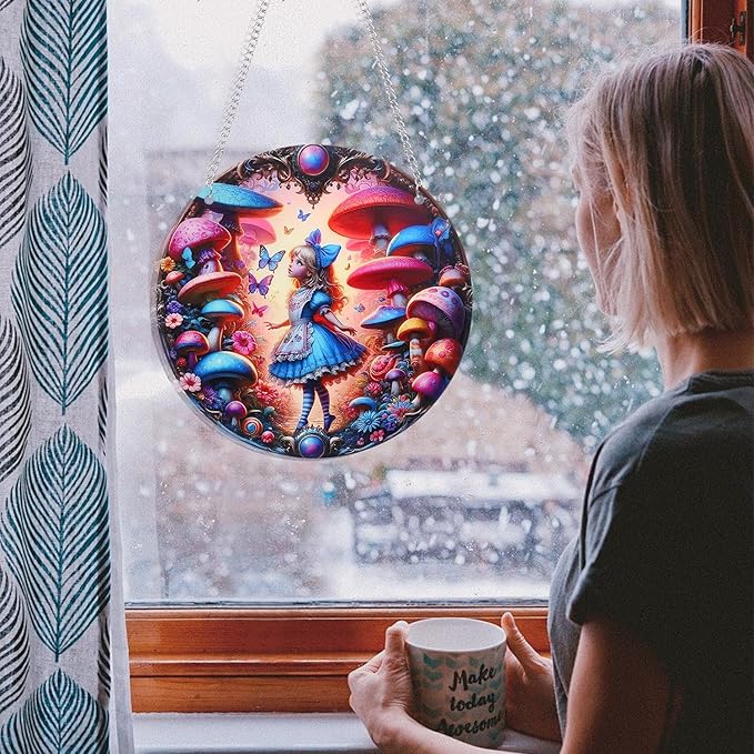 Butterfly Girl Fairy Suncatcher Acrylic Flower Mushroom Window Hanging Stained Sun Catchers Indoor Window Decor with Chain Home Garden Decoration 7.8 inch YKA188 (D)