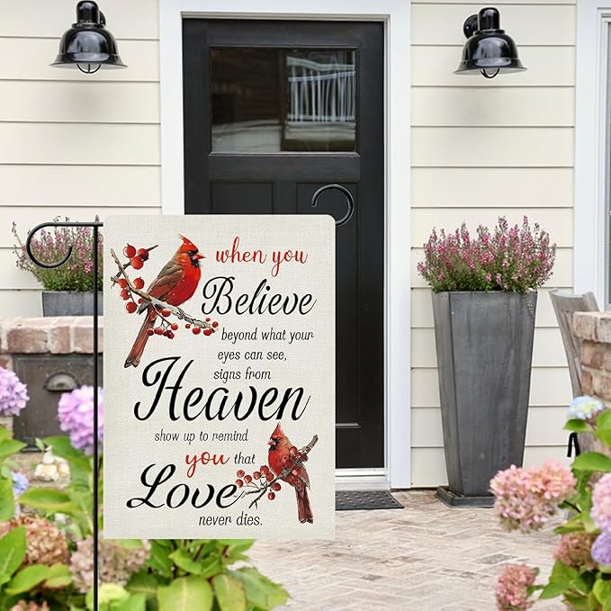 Dyrenson Memorial Cardinal Decorative Garden Flag, When You Believe Beyond What Your Eyes Can See Cemetery Yard Outside Home Decoration, Red Berry Burlap Outdoor Small Decor Double Sided 12 x 18