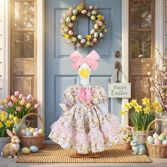 Abbylike 1 Set Easter Bunny Porch Goose Outfit Rabbit Yard Goose Costume Clothes with Bow Headband Fits Large 23'' H Cement for Easter Day Outdoor Patio Garden Lawn Pathway Spring Statue Decor
