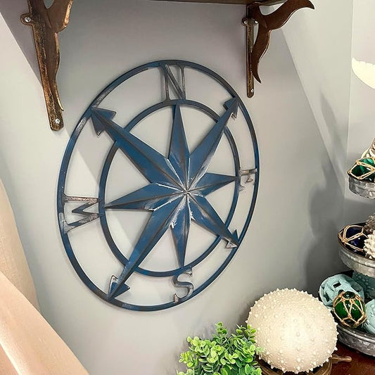 Distressed Blue Metal Compass Rose Wall Decor - Indoor/Outdoor Hanging Art - 20 Inches in Diameter - Easy Install - Coastal Elegance and Nautical Charm