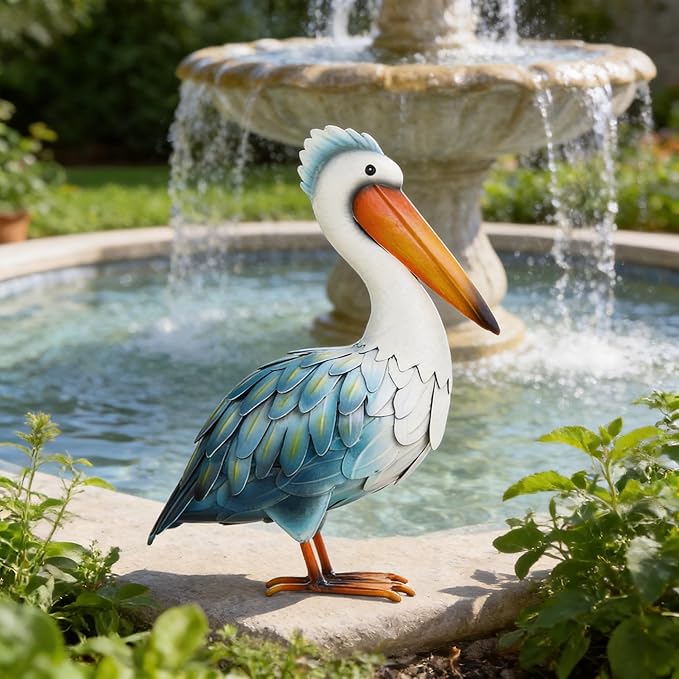 Ratuor Pelican Statues Metal Garden Decor Coastal Blue Heron Yard Art Sculpture Ornament for Backyard Porch Patio Pond Decor