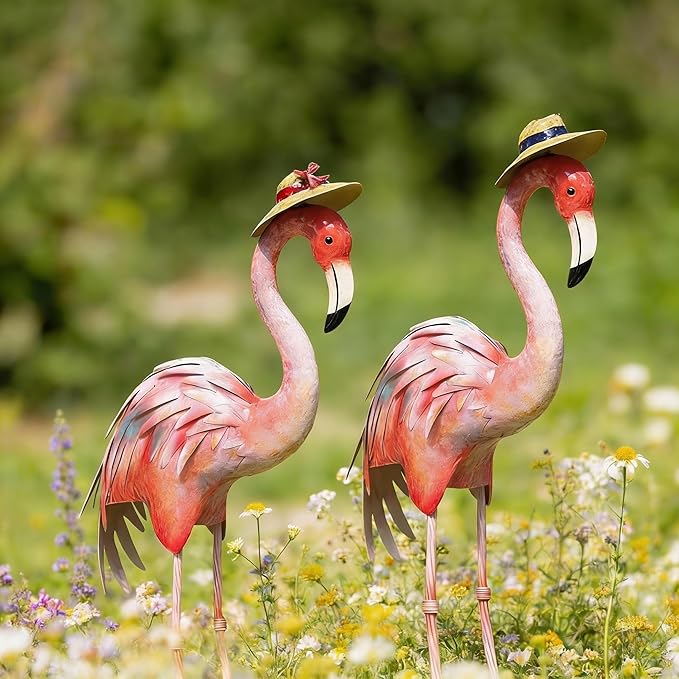chisheen Flamingo Statues Pink Bird Art Garden Sculptures Outdoor Metal Yard Decor for Wedding Gifts Patio Lawn Porch Ornament Decoration