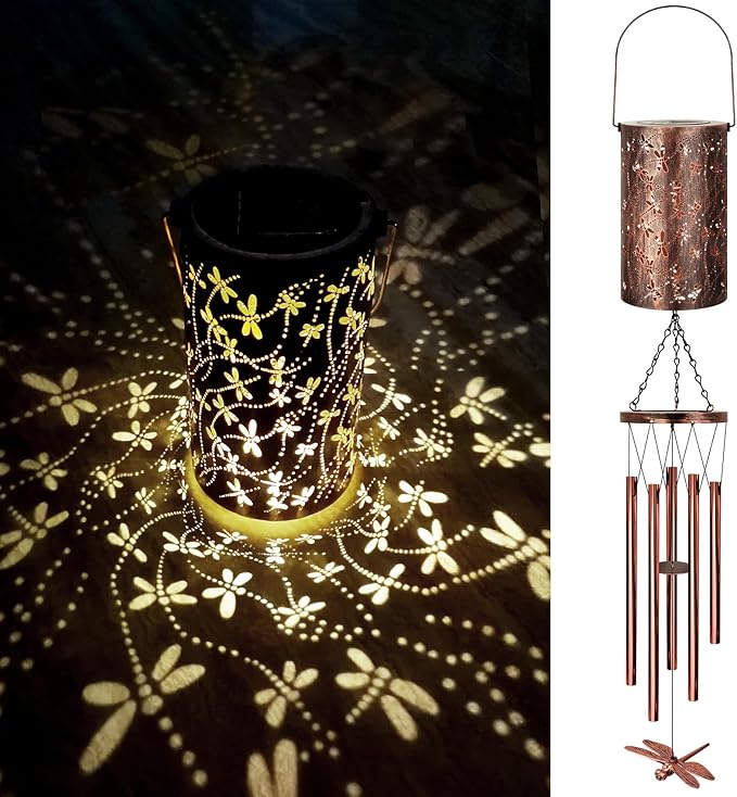 YHmall Solar Wind Chimes for Outside, Dragonfly Gifts for Women Mom Grandma Solar Lantern Windchimes Outdoors, Memorial Wind Chimes for Patio Yard Garden Christmas Decor