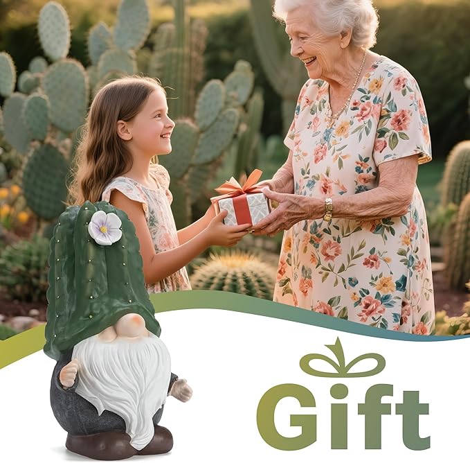 Etlemonde Solar Cactus Gnome Statue Garden Decor Light - Outdoor Decorative LED Flower, Suitable for Patio, Lawnand Garden Decorations, Gifts for Mom