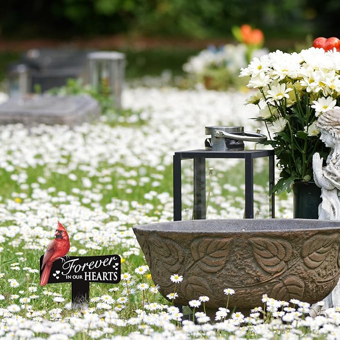 Hicarer Cardinals Grave Markers Cardinals Memorial Gift Metal Sympathy Stakes for Cemetery Memorial, Garden Yard, 11.8 x 7.87 Inch(Forever in Our Hearts)