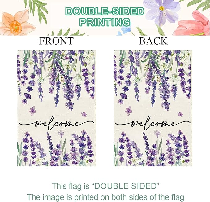 Baccessor Spring Summer Welcome Floral House Flag 28 x 40 Inch Vertical Double Sided Burlap Lavender Purple Flower Farmhouse Easter Yard Flag Holiday Seasonal Yard Outdoor Outside Decoration