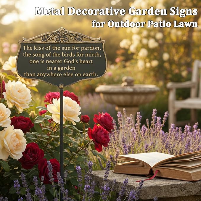 Metal Garden Signs for Outside, "The Kiss of The Sun" Double-Sided Vintage Green Metal Poem Plaque with Stake, Personalized Outdoor Garden Sign for Patio Yard Lawn Backyard Porch Decor