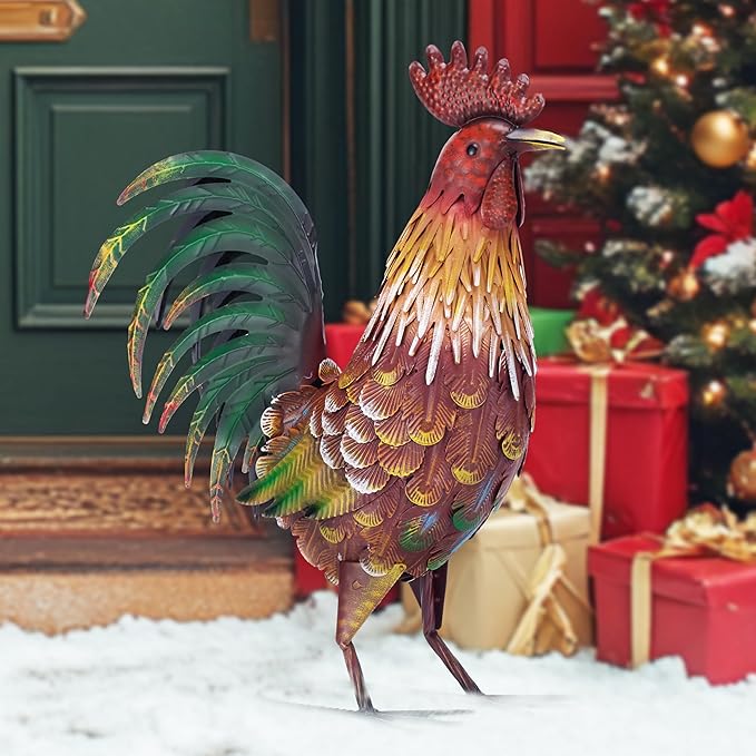 TERESA'S COLLECTIONS Red Metal Rooster Garden Statues & Sculptures for Outdoor Decor,Rustic Farmhouse Animal Chicken Yard Art for Garden Decor,17.5"Lawn Ornament for Porch Backyard Patio,Gift for Mom