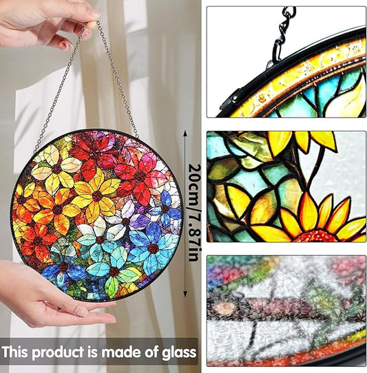 Bimkole Colorful Flower Stained Glass Suncatcher Window Hanging - Design for Indoor Window or Doorway Decoration - 7.87x7.87 inch with Chain and Hook - Unique Home Decor Gift