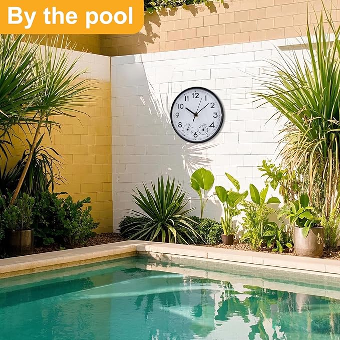 Indoor Outdoor Clocks Waterproof, Decorative Wall Clocks with Temperature and Humidity, Non Ticking Round Wall Clock Battery Operated for Patio Garden Home