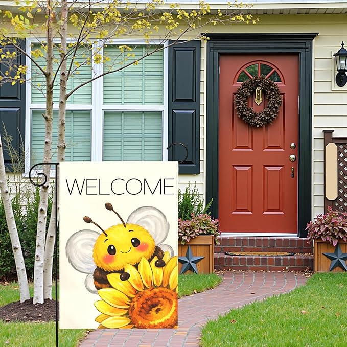 Welcome Garden Flag Cute Bee with Sunflower Outdoor Yard Flags Spring Summer Garden Double Sided Bee Banner for Lawn Yard Porch Patio Farmhouse Rustic Outdoor Seasonal Home Decor 12x18 Inch