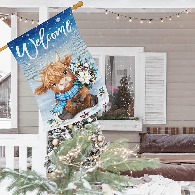 Heyfibro Welcome Summer Highland Cow Garden Flag 28x40 Double Sided Burlap Spring Flower Sunflower Bee Small Yard Banner for Rustic Seasonal Outside Outdoor House Decoration (ONLY FLAG)