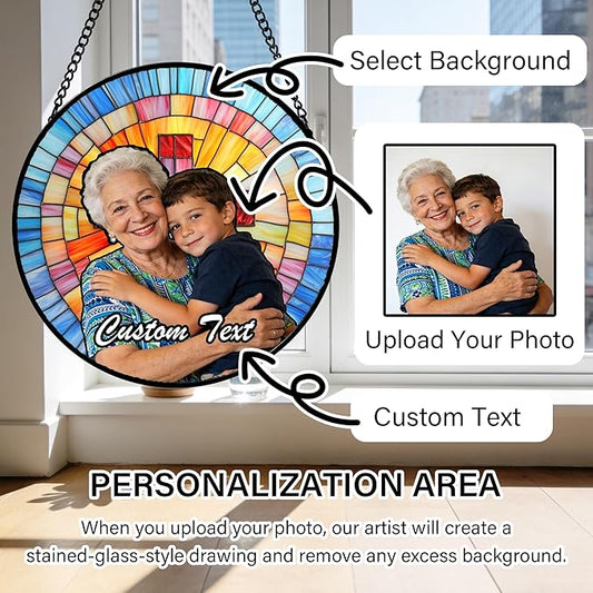 Personalized Custom Photo Faux Stained Glass Window Hanging - Mother Memorial Gifts Customized Ornaments Christmas Birthday Mother's Day for Lovers Women Men Dad Mom Nana Grandma